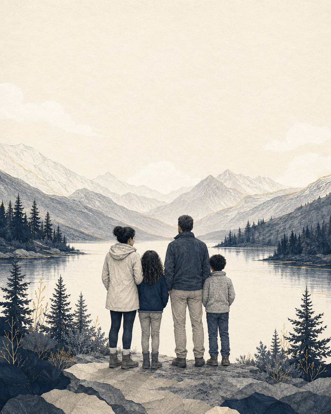 A family overlooking a lake and mountain landscape